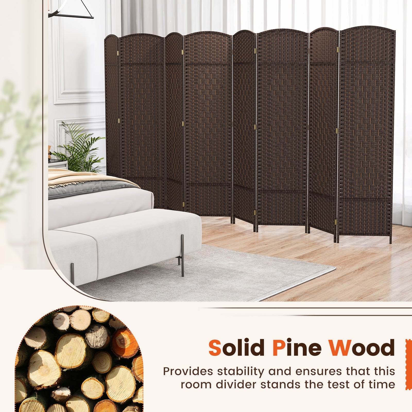 8-Panel Folding Room Divider, Hand-Woven Texture, Solid Wood Frame, Brown Room Dividers at Gallery Canada