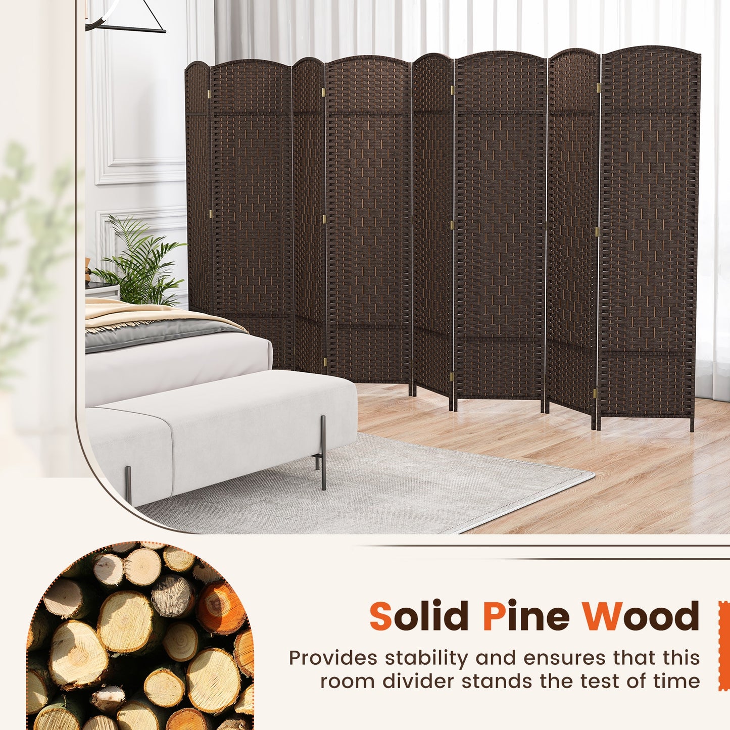 8-Panel Folding Room Divider, Hand-Woven Texture, Solid Wood Frame, Brown Room Dividers at Gallery Canada