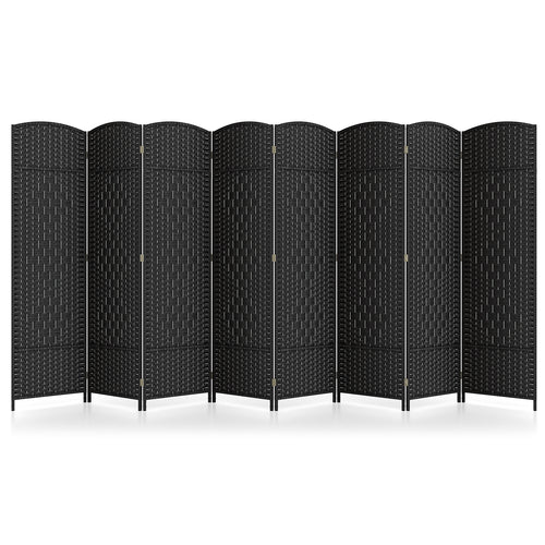 8-Panel Folding Room Divider, Hand-Woven Texture, Solid Wood Frame, Black
