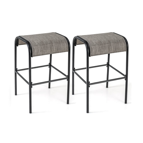 Set Of 2 Metal Bar Stools, Curved Fabric Seat, Patio