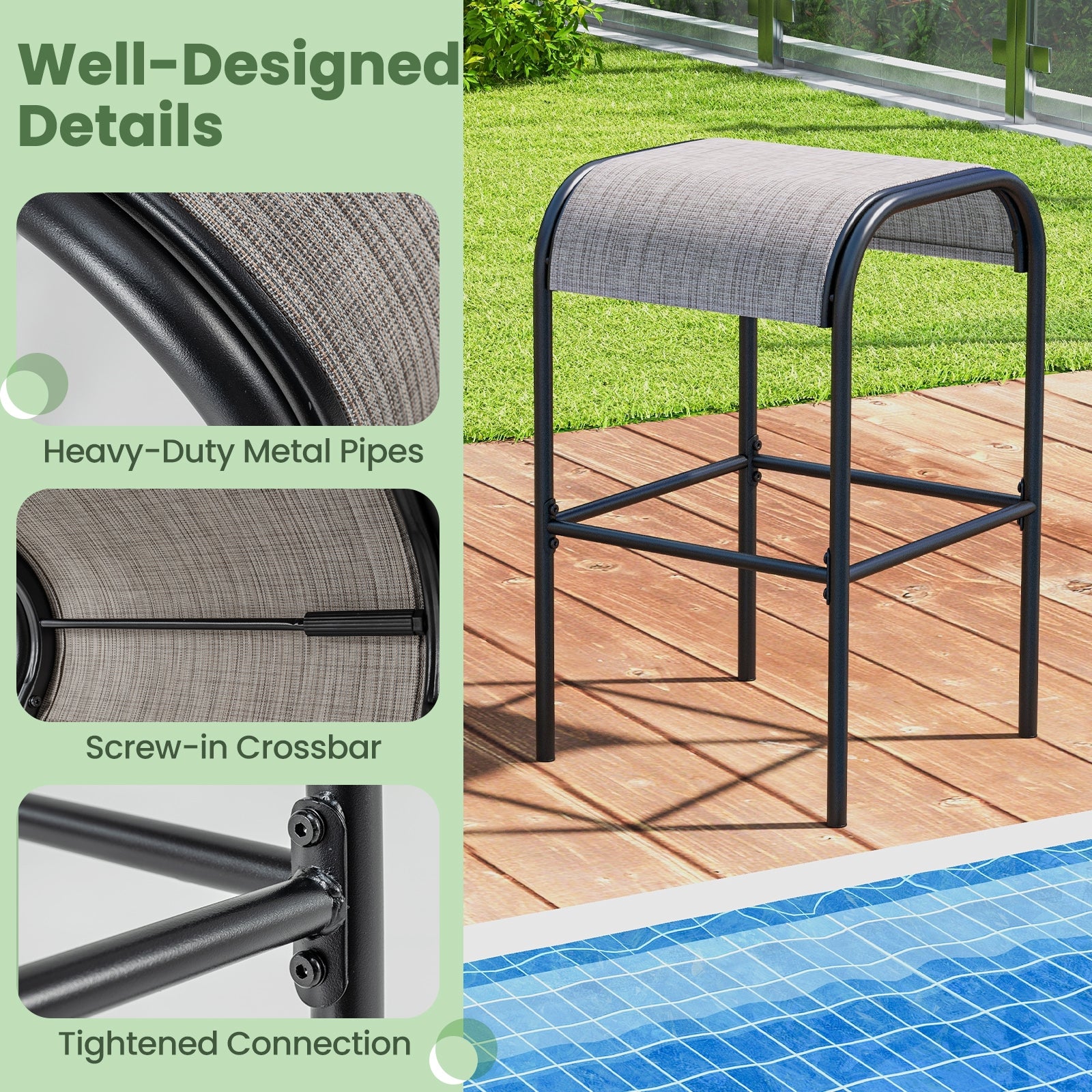 Set of 2/4 Patio Metal Bar Stools with Curved Fabric Seat-Set of 2 Bar Stools at Gallery Canada