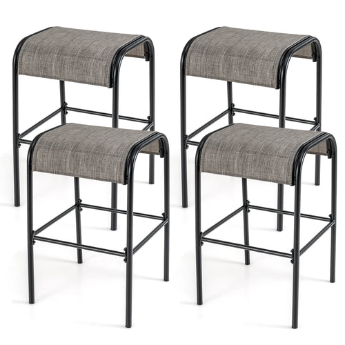 Set Of 4 Patio Metal Bar Stools, Curved Fabric Seat