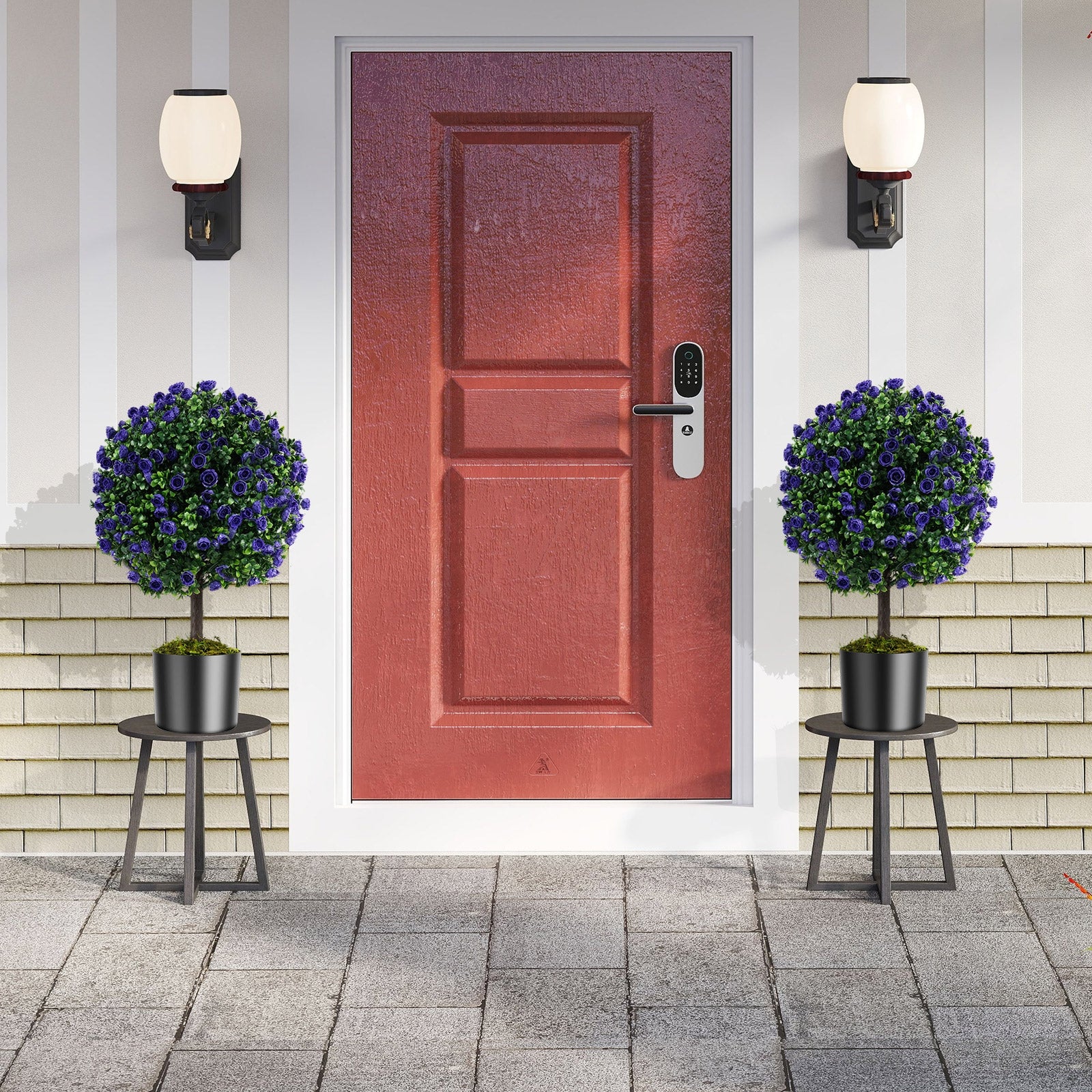 22 Inch Set of 2 Artificial Purple Rose Topiary Ball Trees with Cement-Filled Pot, Purple Faux Plants at Gallery Canada