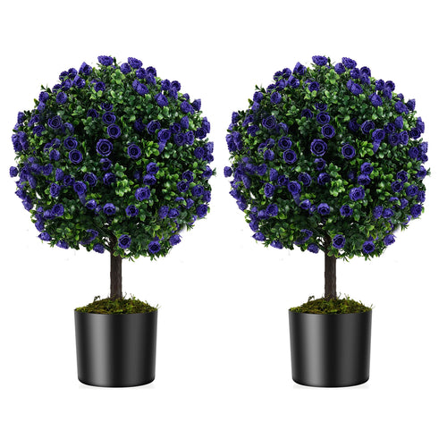 22 Inch Set of 2 Artificial Purple Rose Topiary Ball Trees with Cement-Filled Pot, Purple