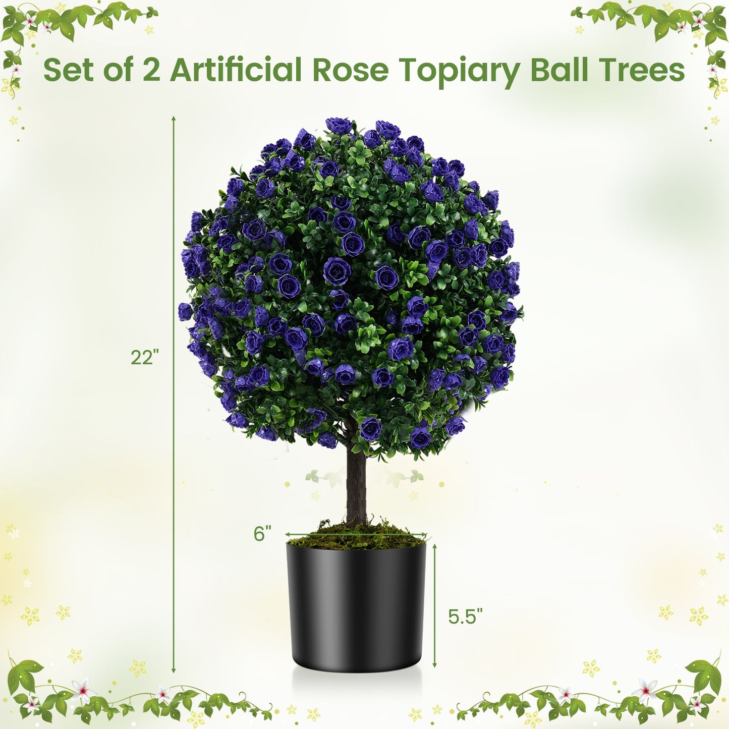 22 Inch Set of 2 Artificial Purple Rose Topiary Ball Trees with Cement-Filled Pot, Purple Faux Plants at Gallery Canada