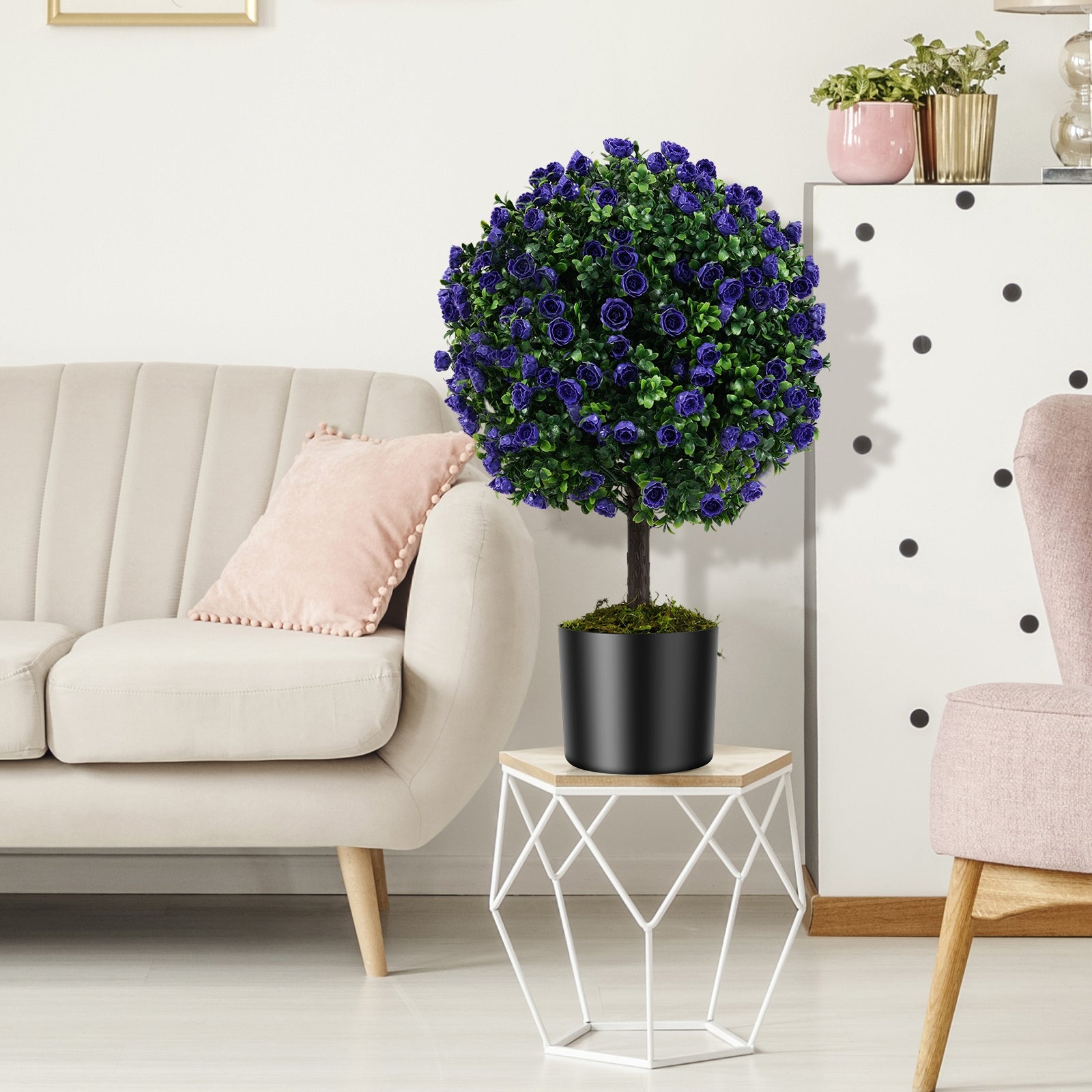 22 Inch Set of 2 Artificial Purple Rose Topiary Ball Trees with Cement-Filled Pot, Purple Faux Plants at Gallery Canada