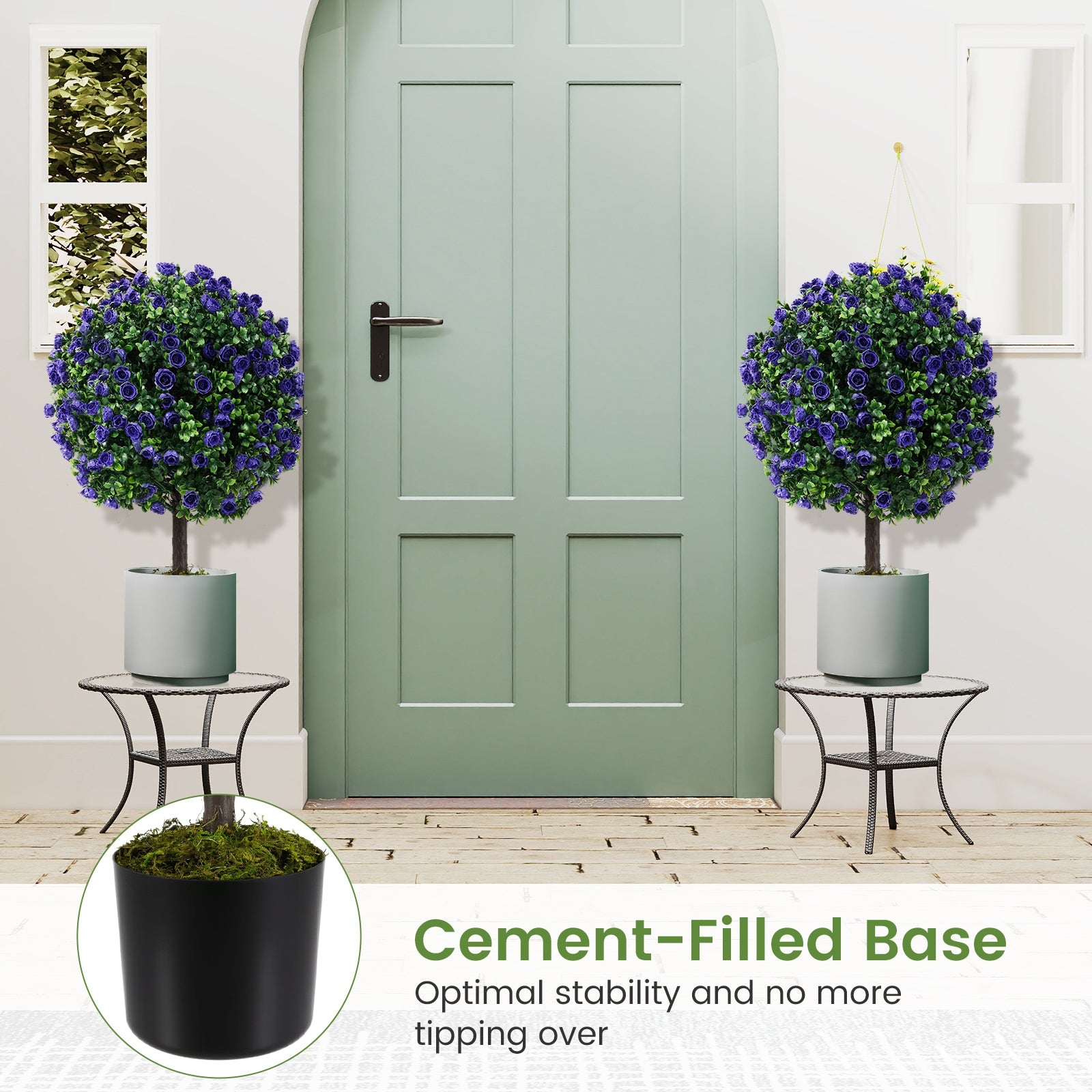 22 Inch Set of 2 Artificial Purple Rose Topiary Ball Trees with Cement-Filled Pot, Purple Faux Plants at Gallery Canada