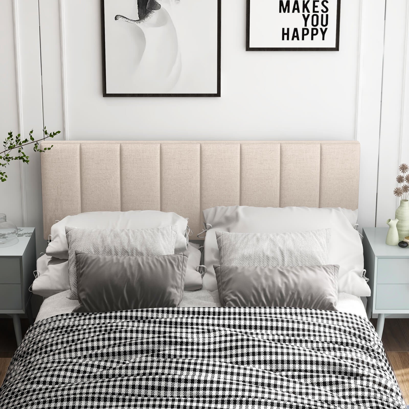 Linen Upholstered Headboard with Solid Wood Legs and Adjustable Width, Beige Headboards at Gallery Canada