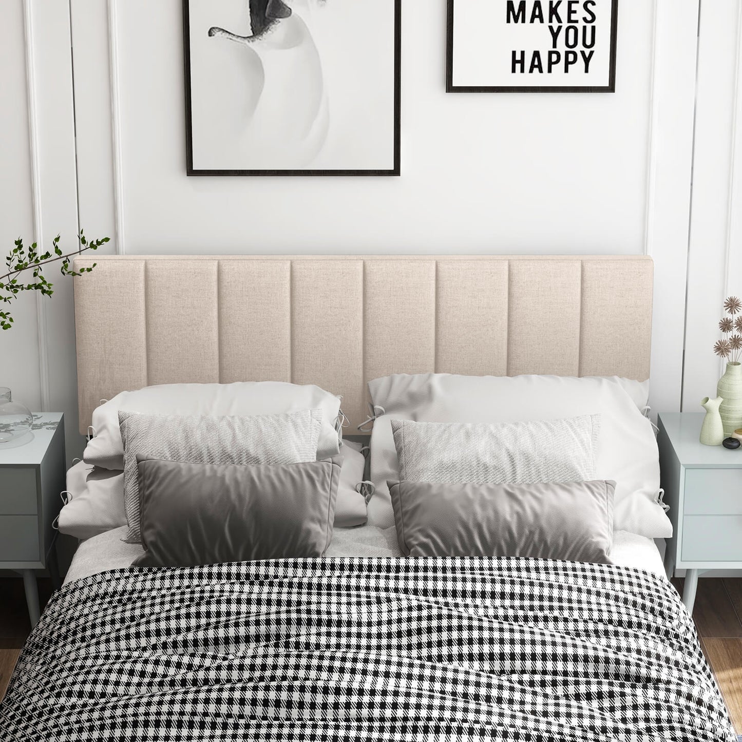 Linen Upholstered Headboard with Solid Wood Legs and Adjustable Width, Beige Headboards at Gallery Canada