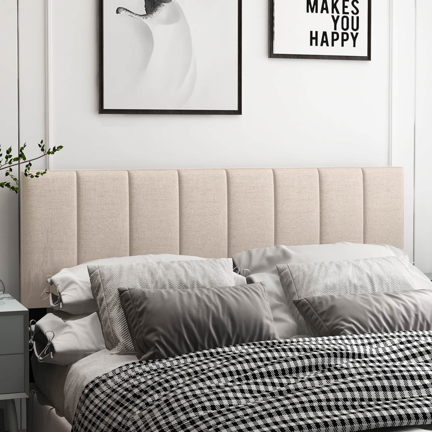 Linen Upholstered Headboard with Solid Wood Legs and Adjustable Width, Beige Headboards at Gallery Canada