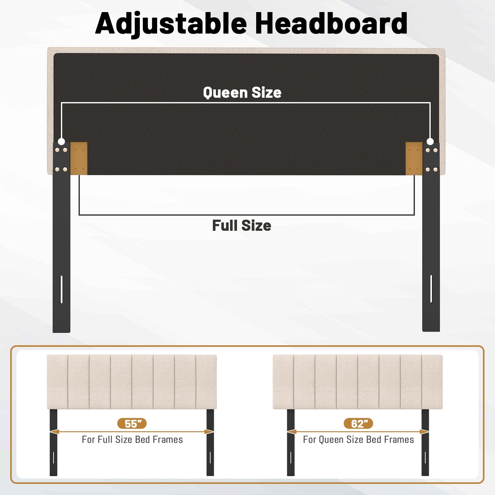 Linen Upholstered Headboard with Solid Wood Legs and Adjustable Width, Beige Headboards at Gallery Canada