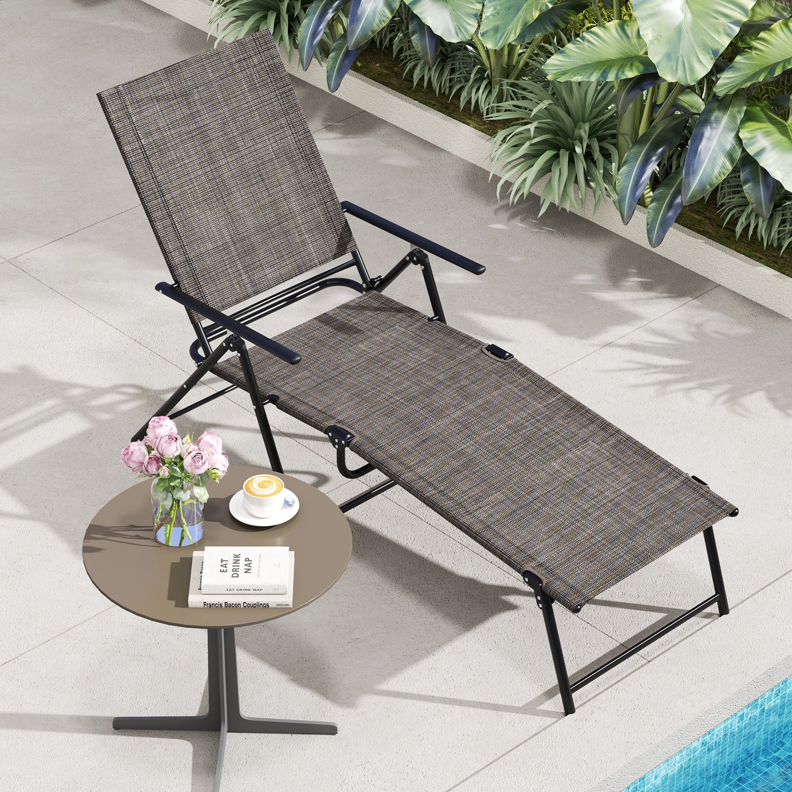 Patio Folding Chaise Lounge Chairs Recliner with 6-Level Backrest, Brown Outdoor Chaise Lounges at Gallery Canada