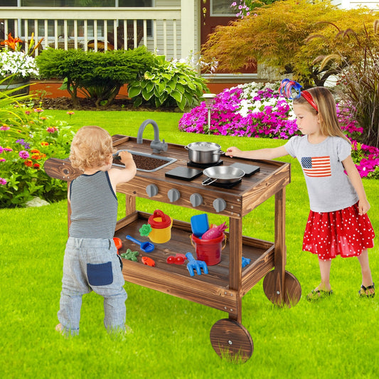 Outdoor Movable Mud Kitchen with 2 Rolling Wheels and 1 Push Handle, Natural - Gallery Canada