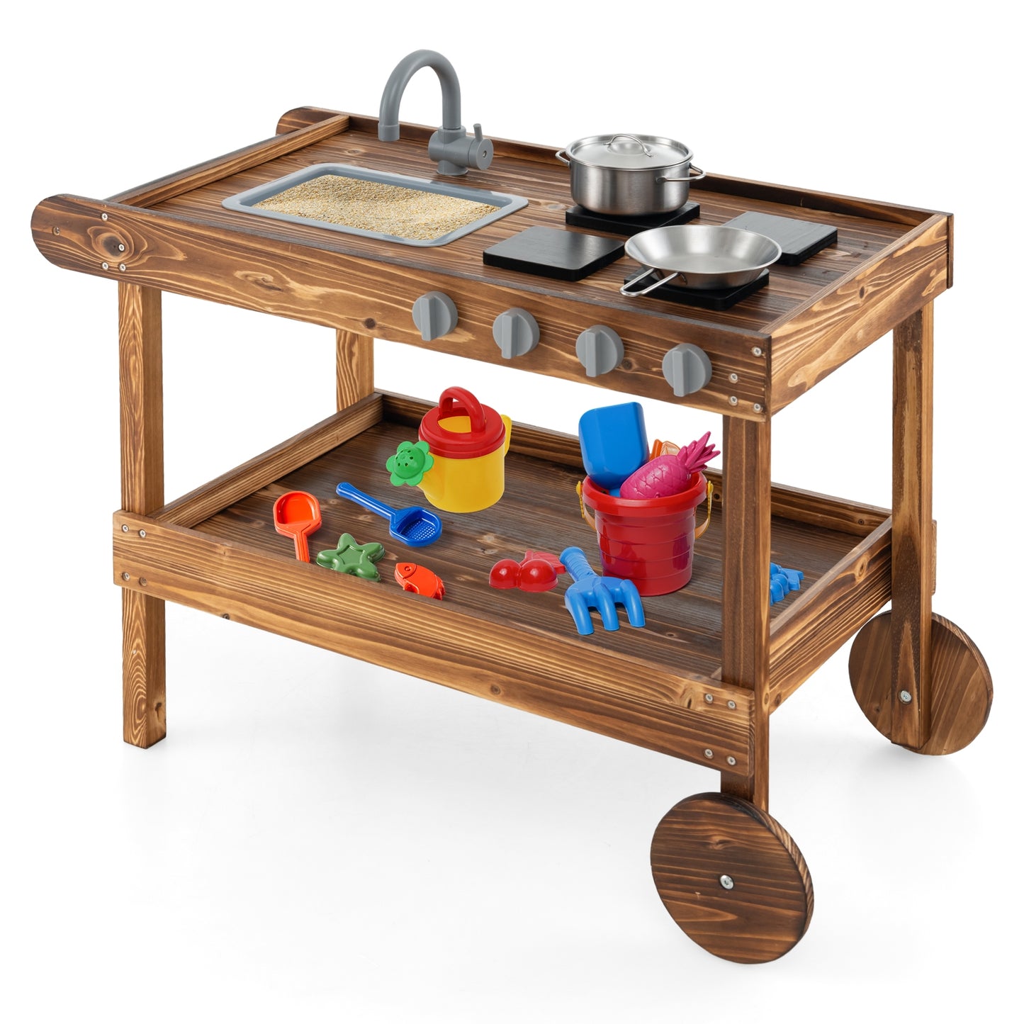 Outdoor Movable Mud Kitchen with 2 Rolling Wheels and 1 Push Handle, Natural Play Kitchen Sets Natural at Gallery Canada