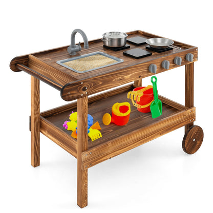 Outdoor Movable Mud Kitchen with 2 Rolling Wheels and 1 Push Handle, Natural