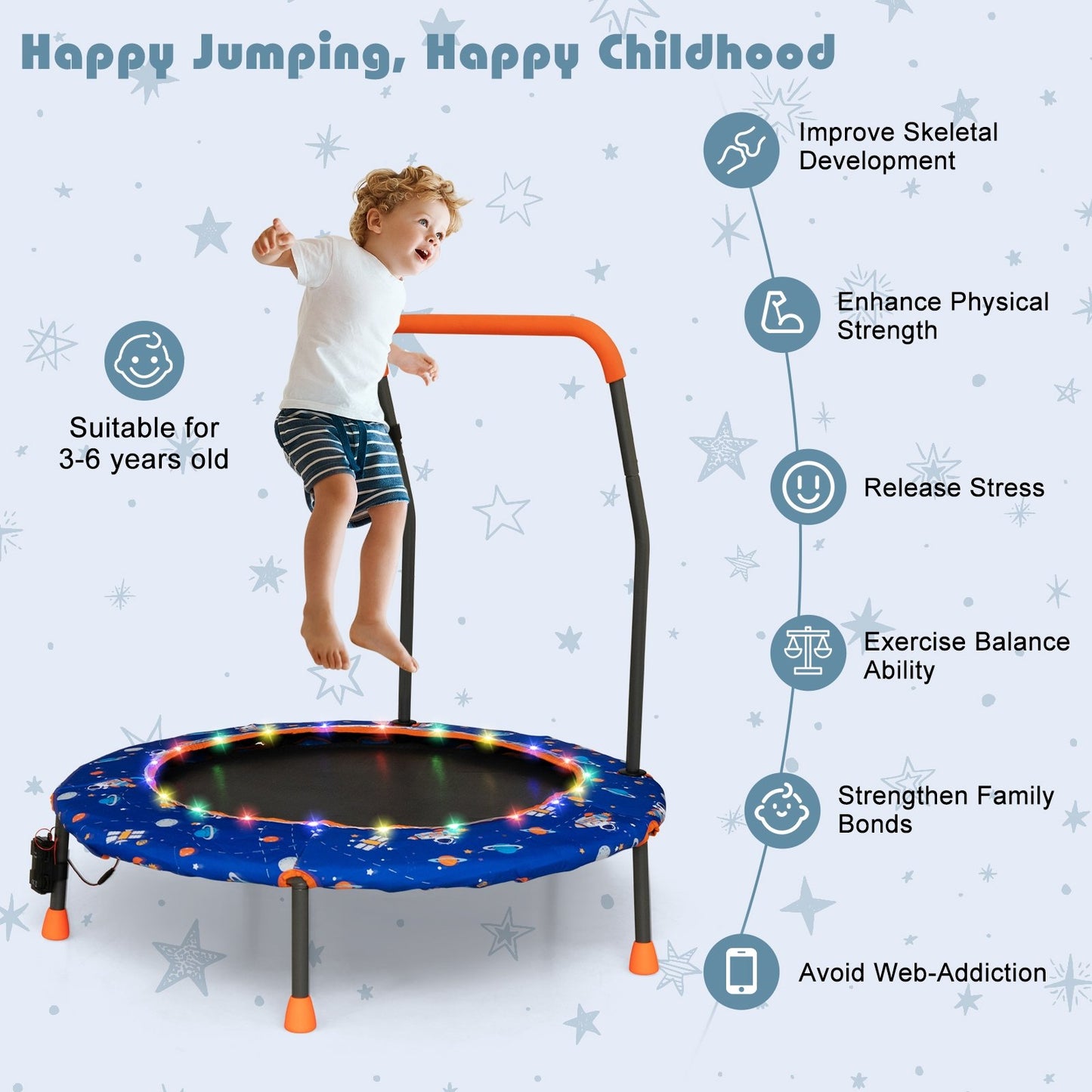 36 Inch Mini Trampoline with Colorful LED Lights and Bluetooth Speaker, Blue