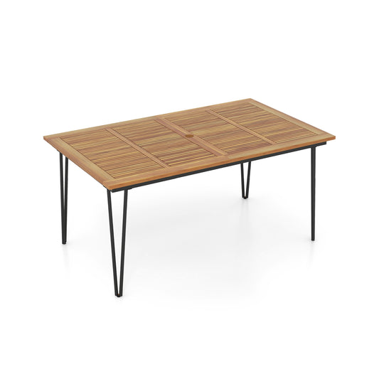 63 Inch Rectangular Outdoor Dining Table, Acacia Wood, Natural, Black Patio Dining Tables Natural & Black at Gallery Canada