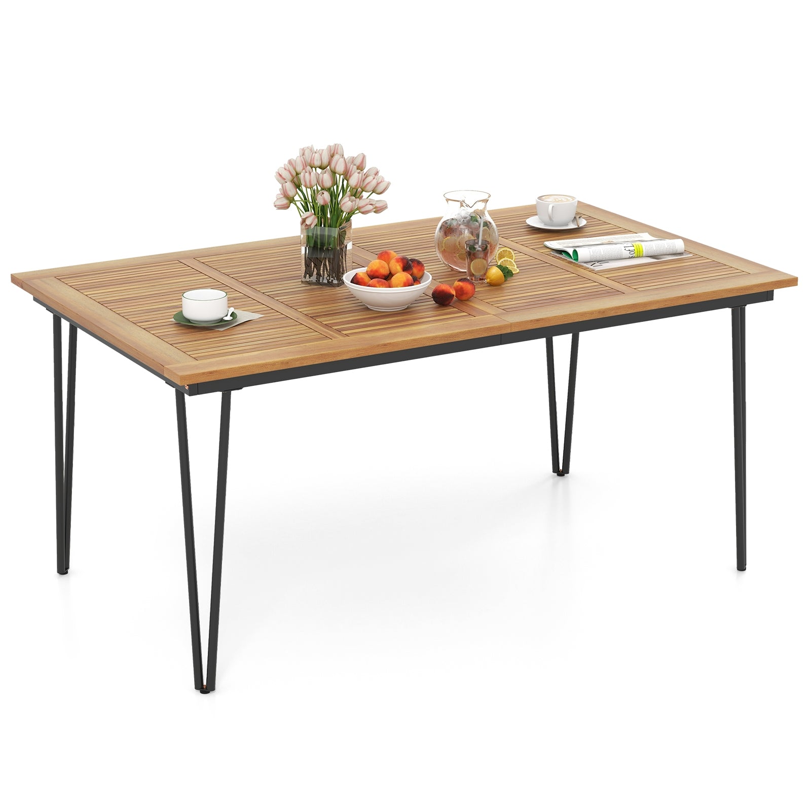 63 Inch Rectangular Outdoor Dining Table for 6 People with Acacia Wood Tabletop and Umbrella Hole-63 inches, Natural & Black Patio Dining Tables at Gallery Canada