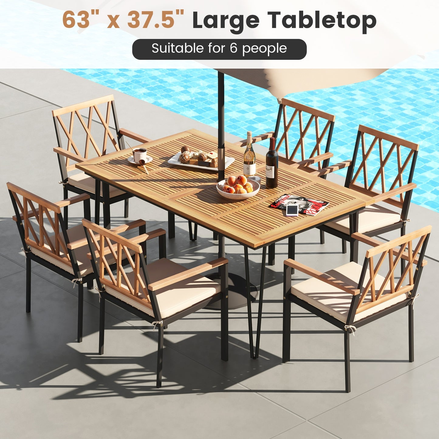 63 Inch Rectangular Outdoor Dining Table for 6 People with Acacia Wood Tabletop and Umbrella Hole-63 inches, Natural & Black Patio Dining Tables at Gallery Canada