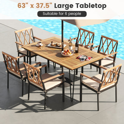 63 Inch Rectangular Outdoor Dining Table for 6 People with Acacia Wood Tabletop and Umbrella Hole-63 inches, Natural & Black Patio Dining Tables at Gallery Canada