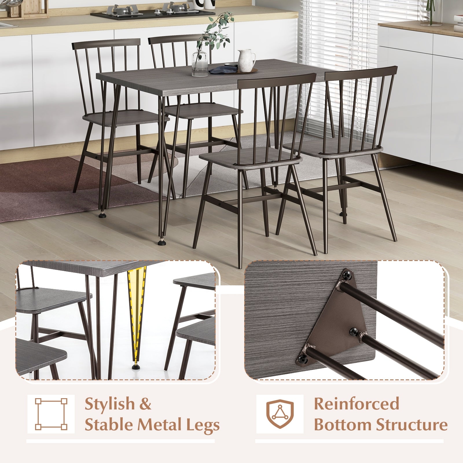 5-Piece Dining Table Set for 4 with 360° Swivel Feet for Small Place-Grey Oak, Gray Dining Room Sets at Gallery Canada