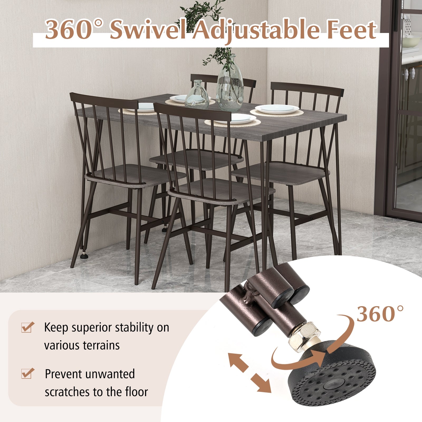 5-Piece Dining Table Set for 4 with 360° Swivel Feet for Small Place-Grey Oak, Gray Dining Room Sets at Gallery Canada