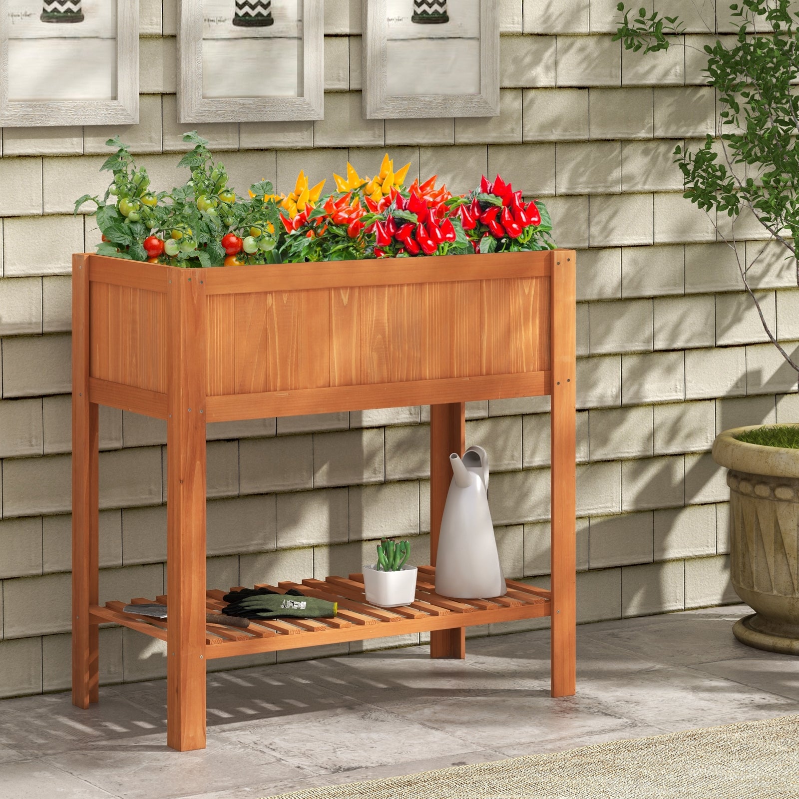 Outdoor Raised Garden Bed Fir Wood Planter Box with Bottom Storage Shelf and Protective Liner, Brown Raised Garden Beds at Gallery Canada