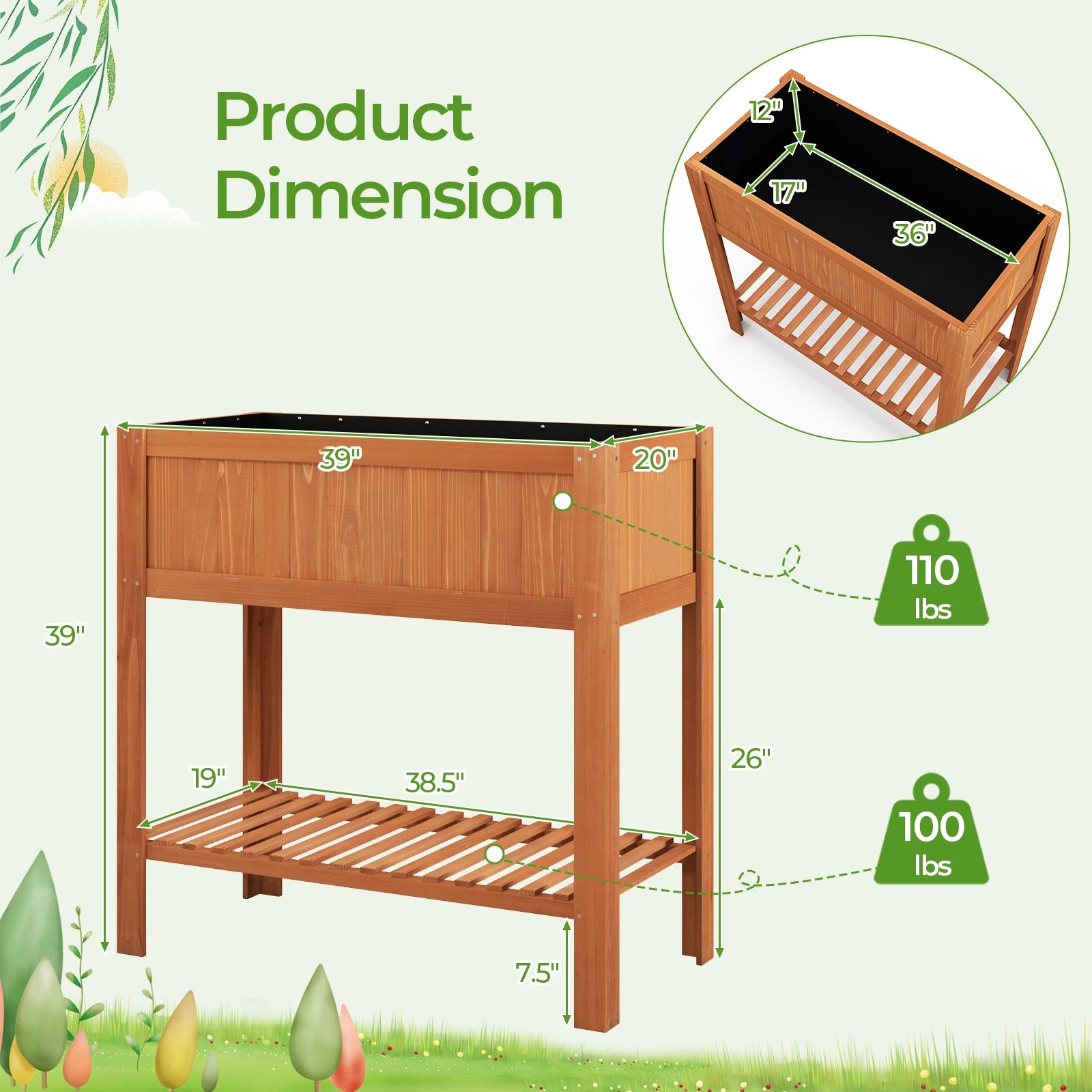 Outdoor Raised Garden Bed Fir Wood Planter Box with Bottom Storage Shelf and Protective Liner, Brown Raised Garden Beds at Gallery Canada