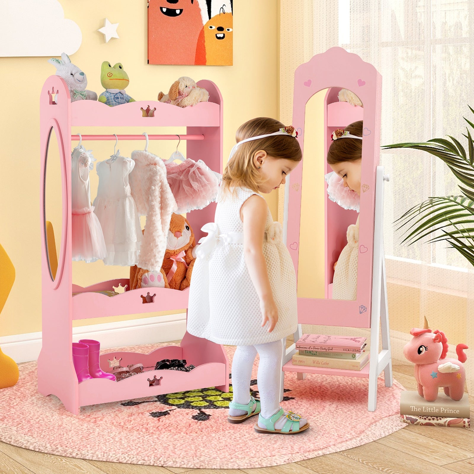 2 Pieces Kids Vanity Set and Jewelry Armoire Cabinet with Full-length Mirror, Pink Kids Vanities at Gallery Canada