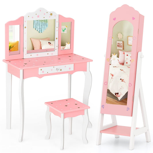 Kids Vanity Set, Jewelry Armoire Cabinet, Full-Length Mirror, Pink