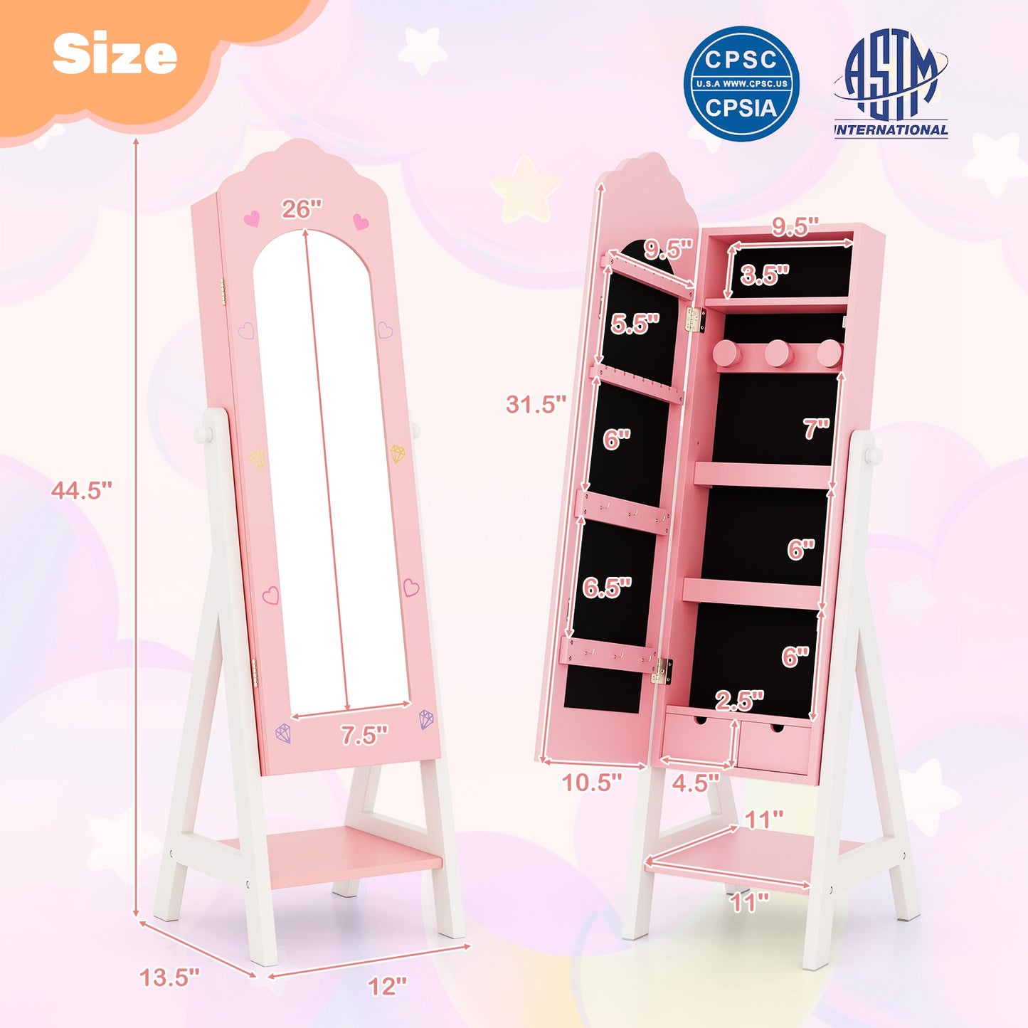 2 Pieces Kids Vanity Set and Jewelry Armoire Cabinet with Full-length Mirror, Pink Kids Vanities at Gallery Canada