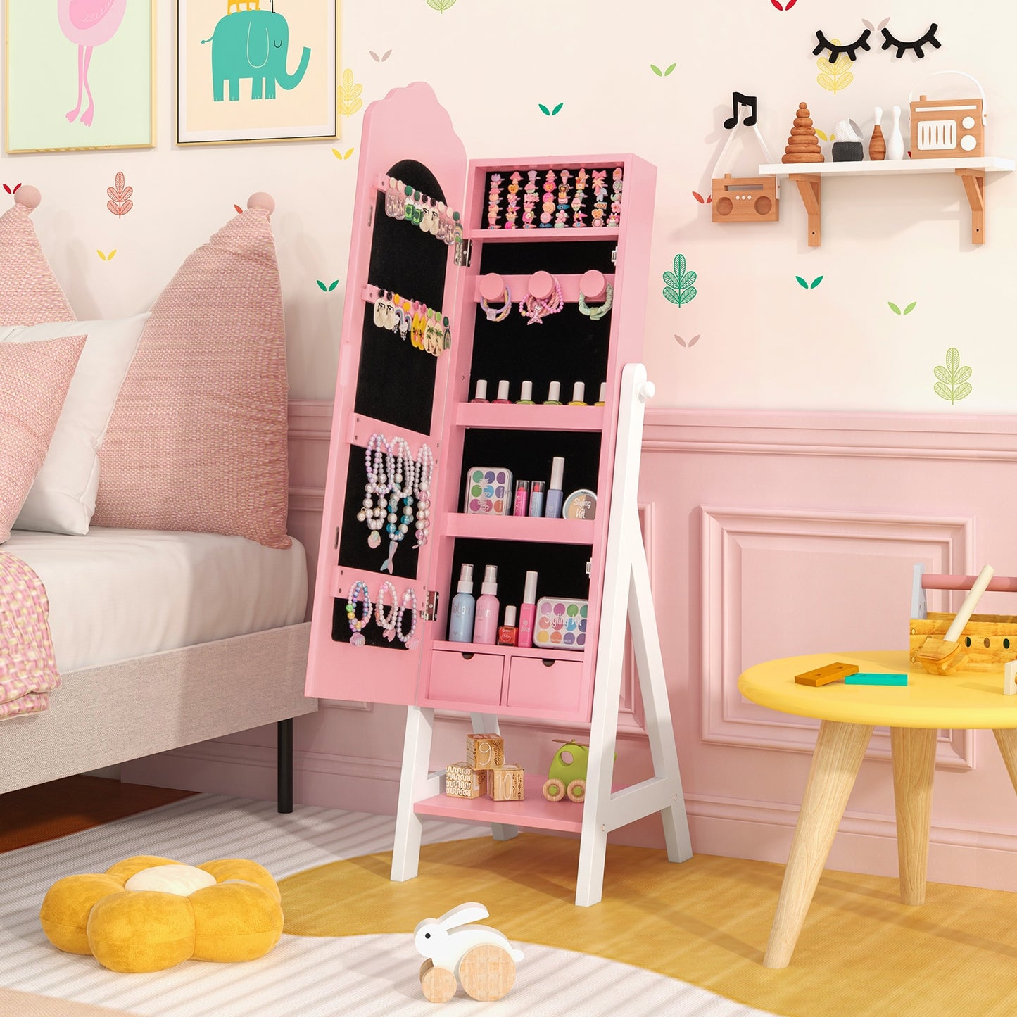 2 Pieces Kids Vanity Set and Jewelry Armoire Cabinet with Full-length Mirror, Pink Kids Vanities at Gallery Canada