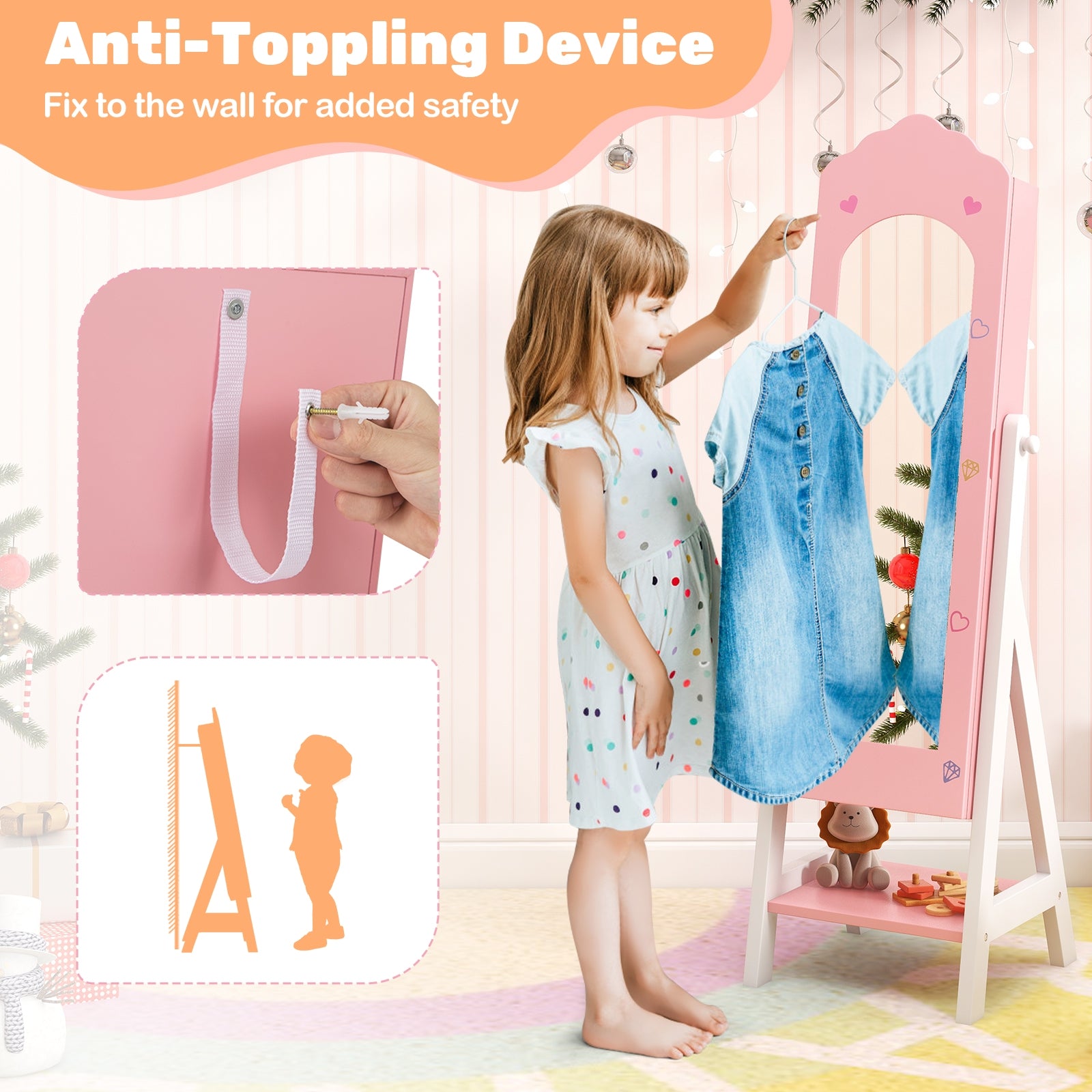 2 Pieces Kids Vanity Set and Jewelry Armoire Cabinet with Full-length Mirror, Pink Kids Vanities at Gallery Canada