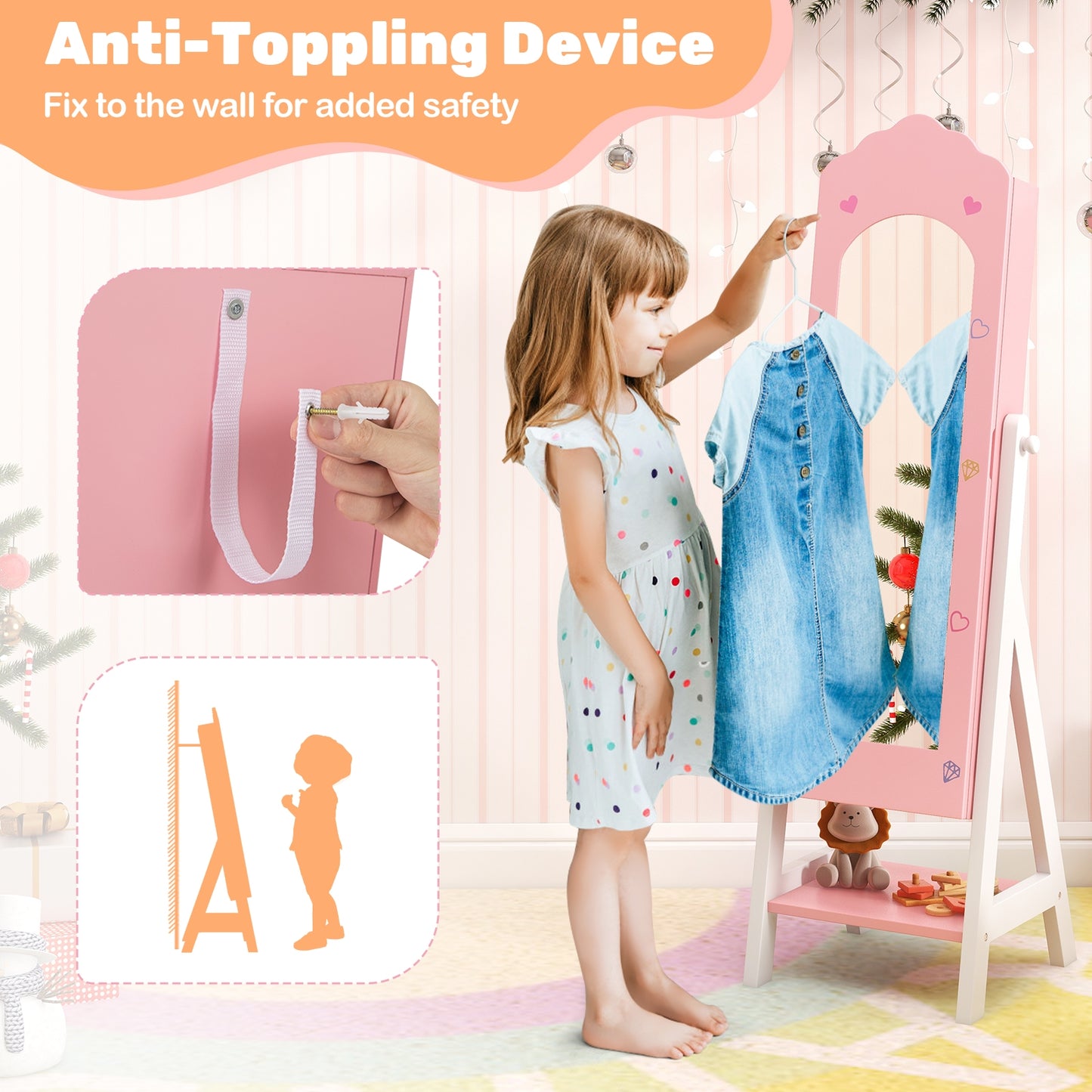 2 Pieces Kids Vanity Set and Jewelry Armoire Cabinet with Full-length Mirror, Pink Kids Vanities at Gallery Canada