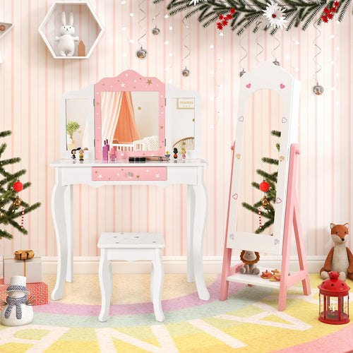 2 Pieces Kids Vanity Set and Jewelry Armoire Cabinet with Full-length Mirror, White