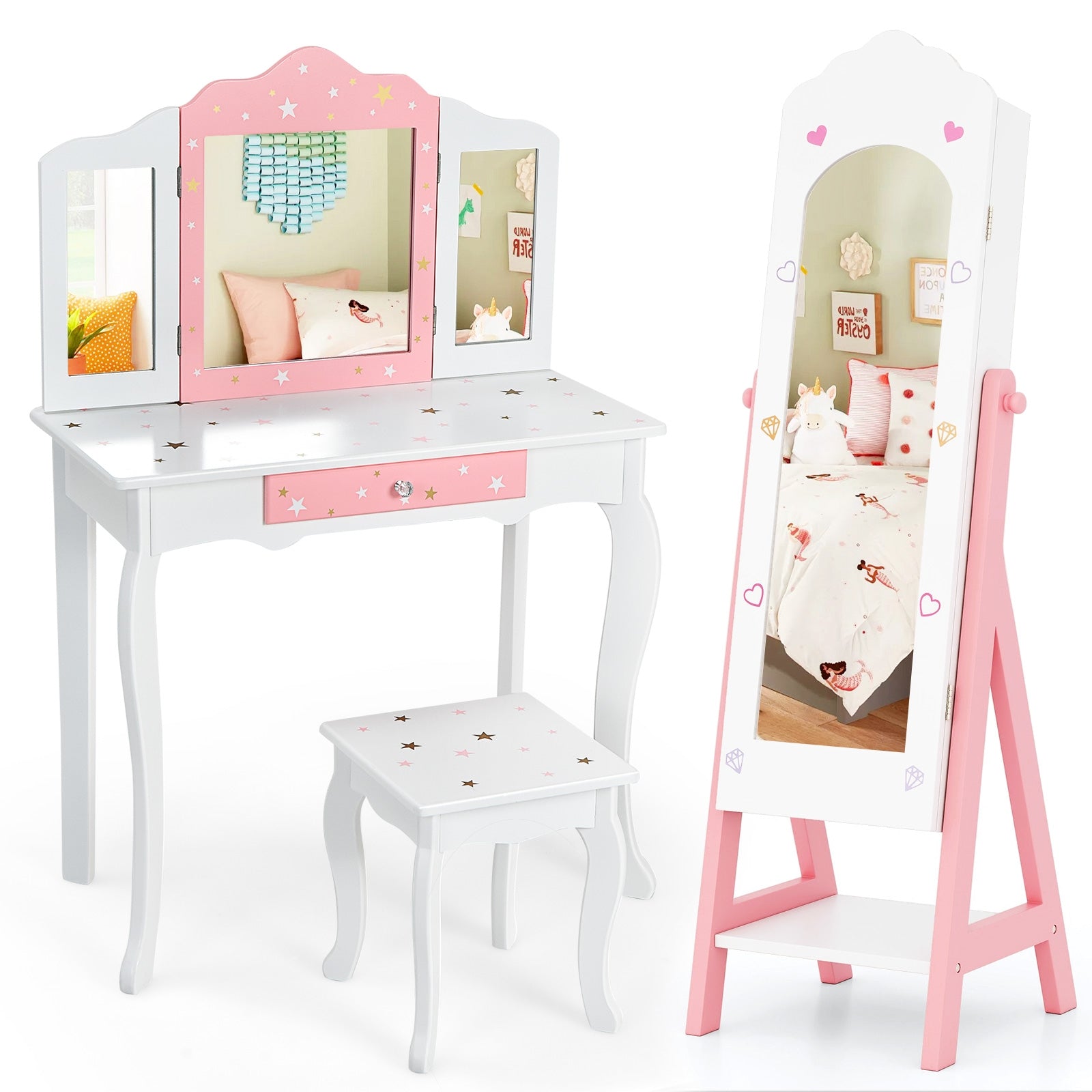 2 Pieces Kids Vanity Set and Jewelry Armoire Cabinet with Full-length Mirror, White Kids Vanities at Gallery Canada