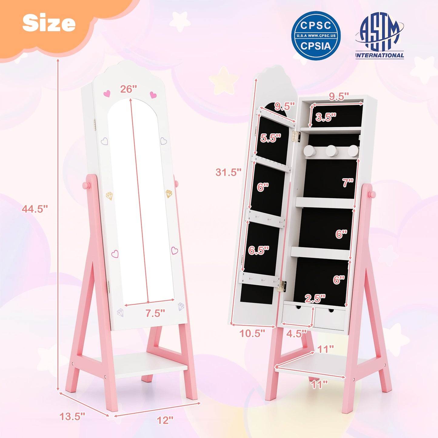 2 Pieces Kids Vanity Set and Jewelry Armoire Cabinet with Full-length Mirror, White Kids Vanities at Gallery Canada
