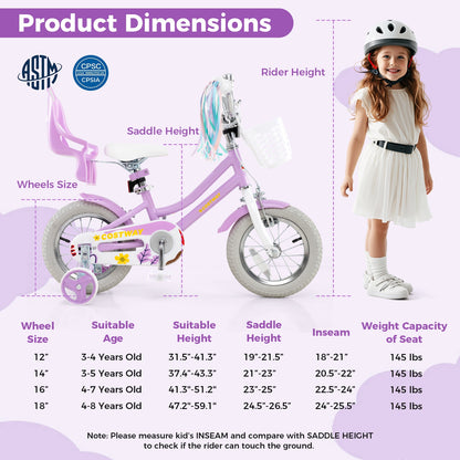12 Inch Girls Bike Kids Bicycle with Doll Seat and Streamers for Children 3-4 Years Old, Purple Kids Bike at Gallery Canada