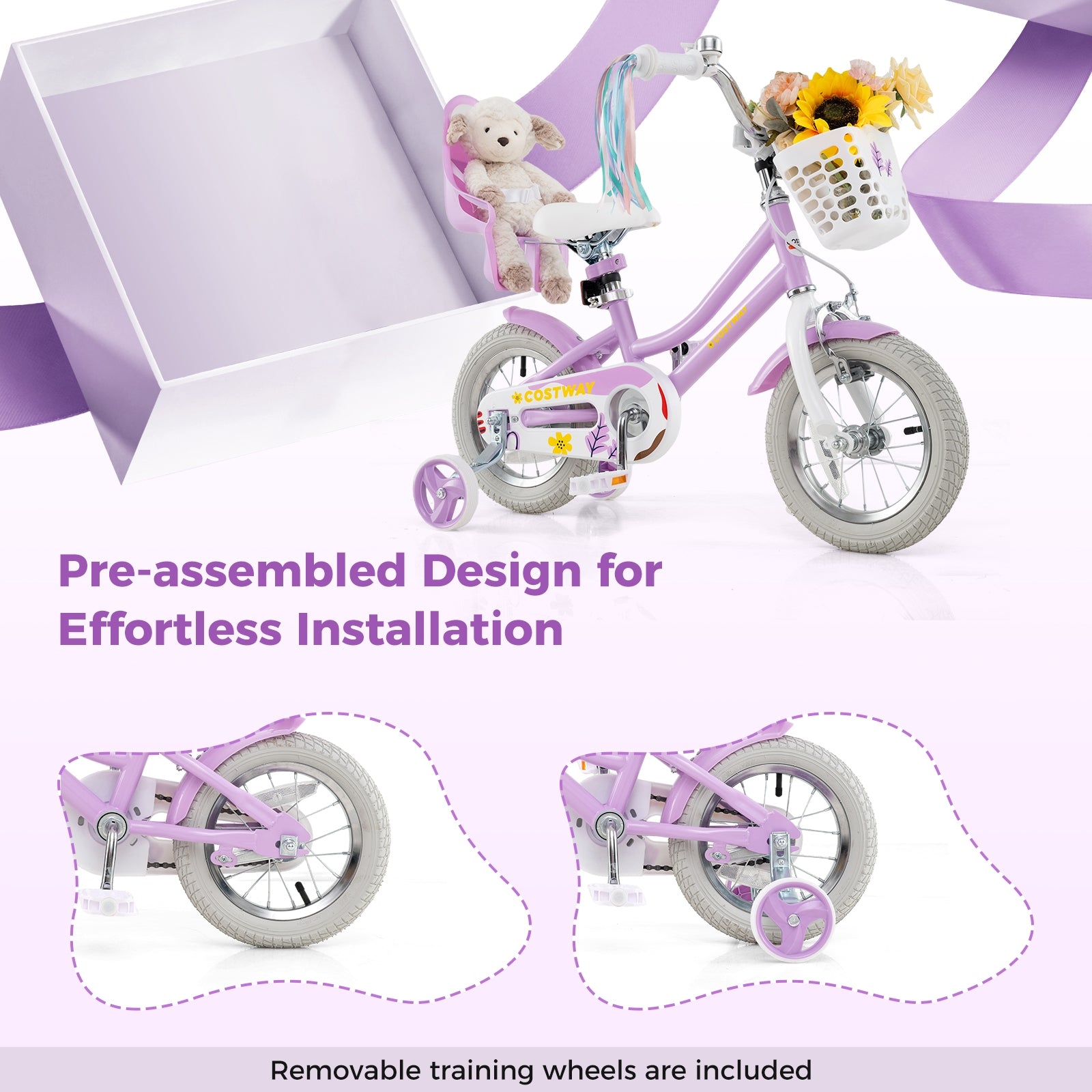 12 Inch Girls Bike Kids Bicycle with Doll Seat and Streamers for Children 3-4 Years Old, Purple Kids Bike at Gallery Canada