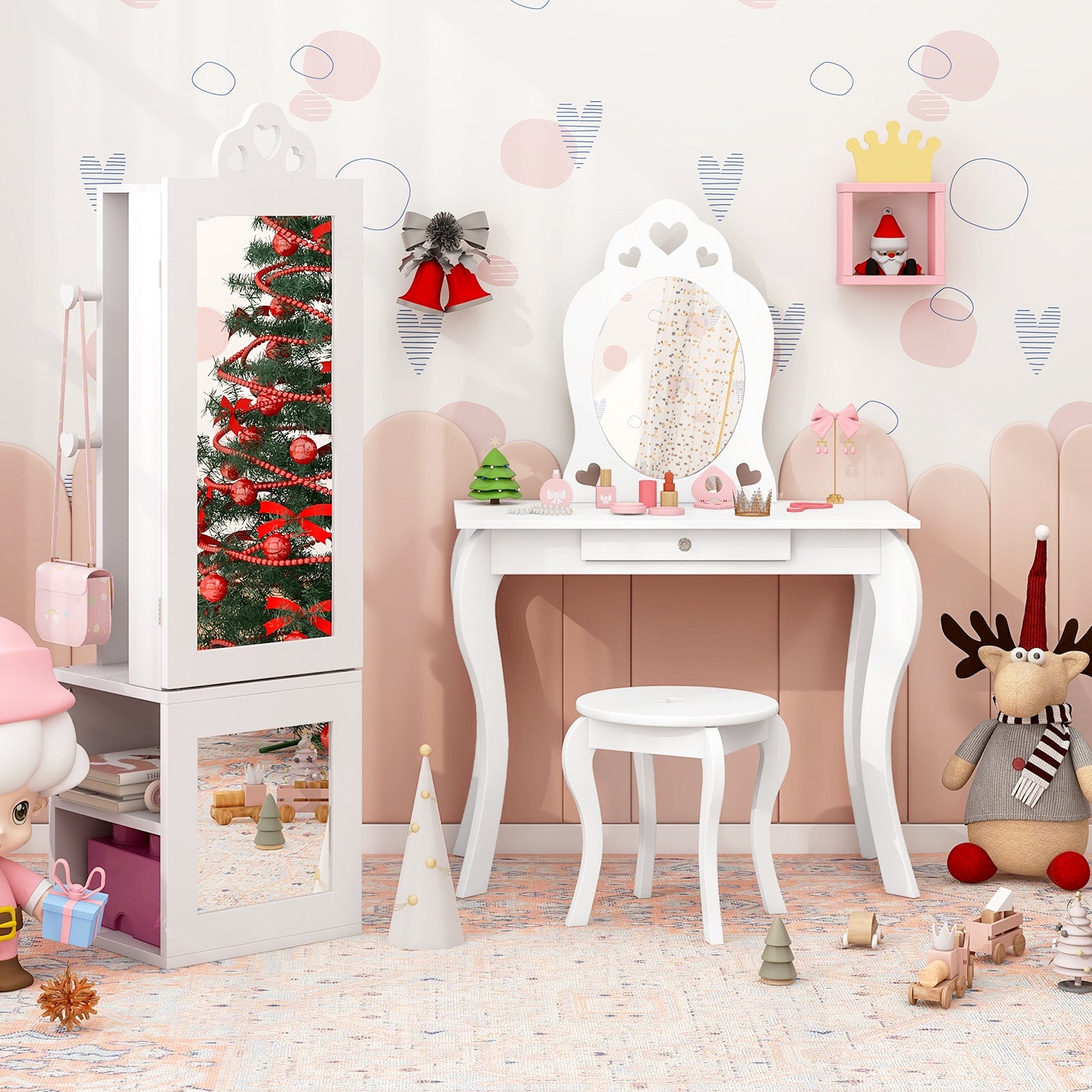 Princess Vanity Table and Stool Set Freestanding Jewelry Cabinet Armoire with Full-Length Mirror, White Kids Vanities at Gallery Canada