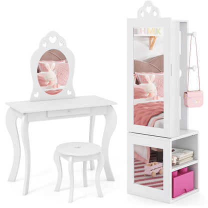 Princess Vanity Table and Stool Set Freestanding Jewelry Cabinet Armoire with Full-Length Mirror, White Kids Vanities at Gallery Canada