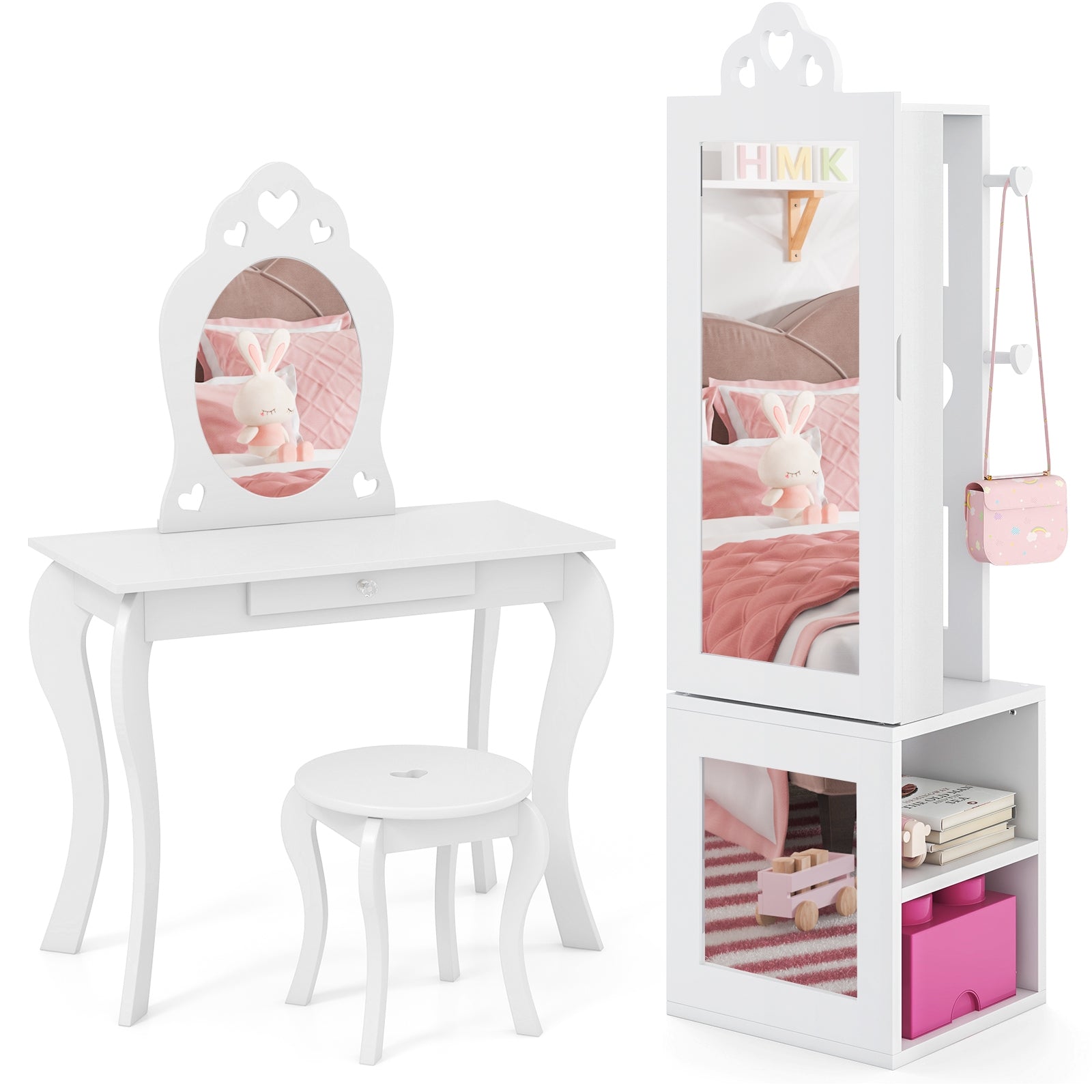 Princess Vanity Table and Stool Set Freestanding Jewelry Cabinet Armoire with Full-Length Mirror, White Kids Vanities White at Gallery Canada