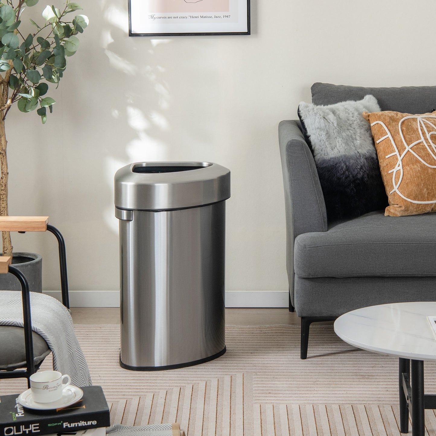 60L Stainless Corner Steel Trash Bin with Lid and Anti-slip Bottom, Silver Kitchen Organization at Gallery Canada
