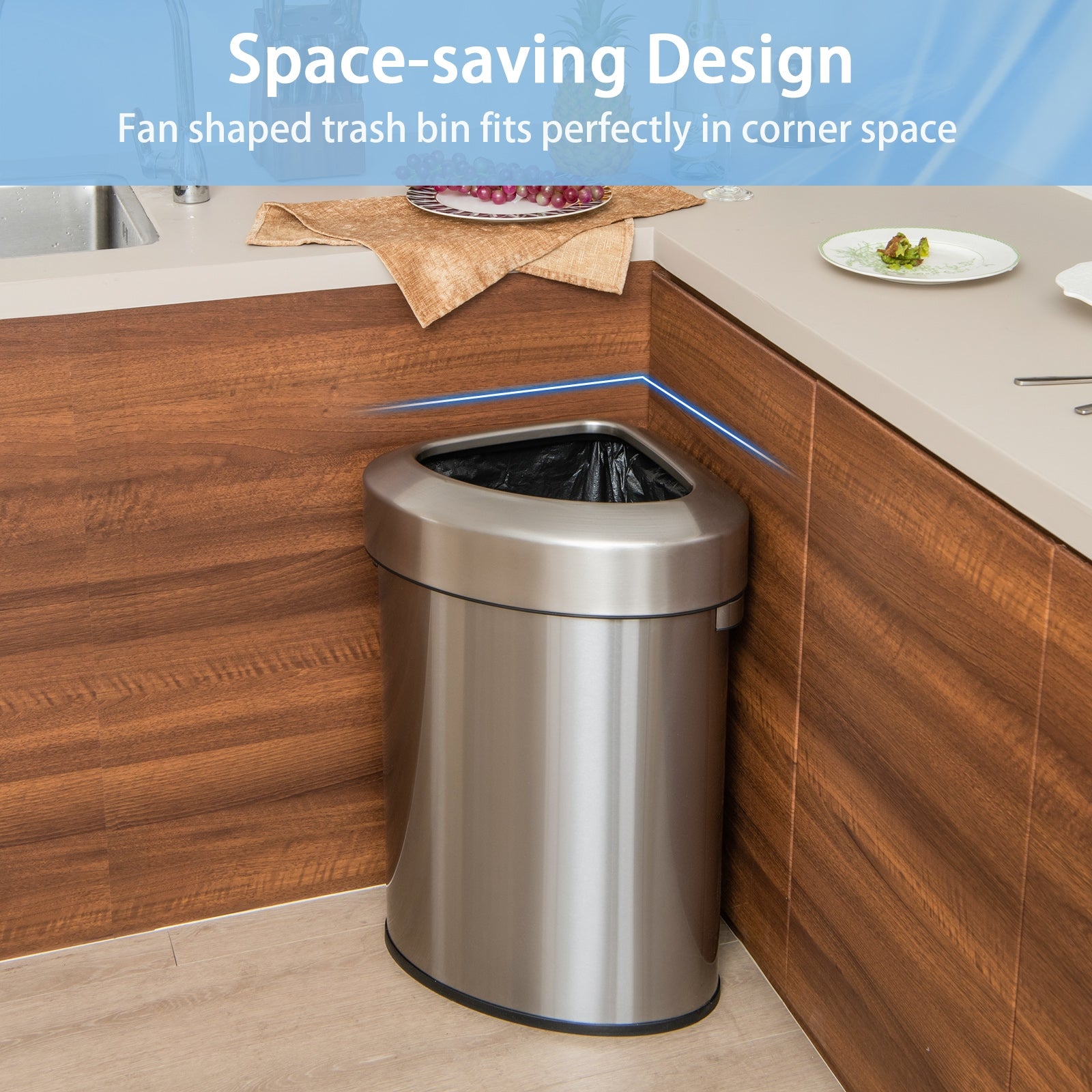 60L Stainless Corner Steel Trash Bin with Lid and Anti-slip Bottom, Silver Kitchen Organization at Gallery Canada