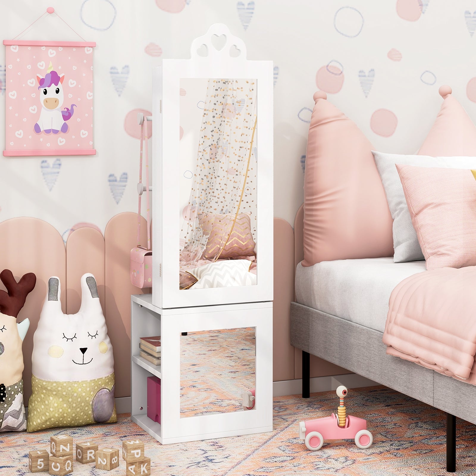 Princess Vanity Table and Stool Set Freestanding Jewelry Cabinet Armoire with Full-Length Mirror, White Kids Vanities at Gallery Canada