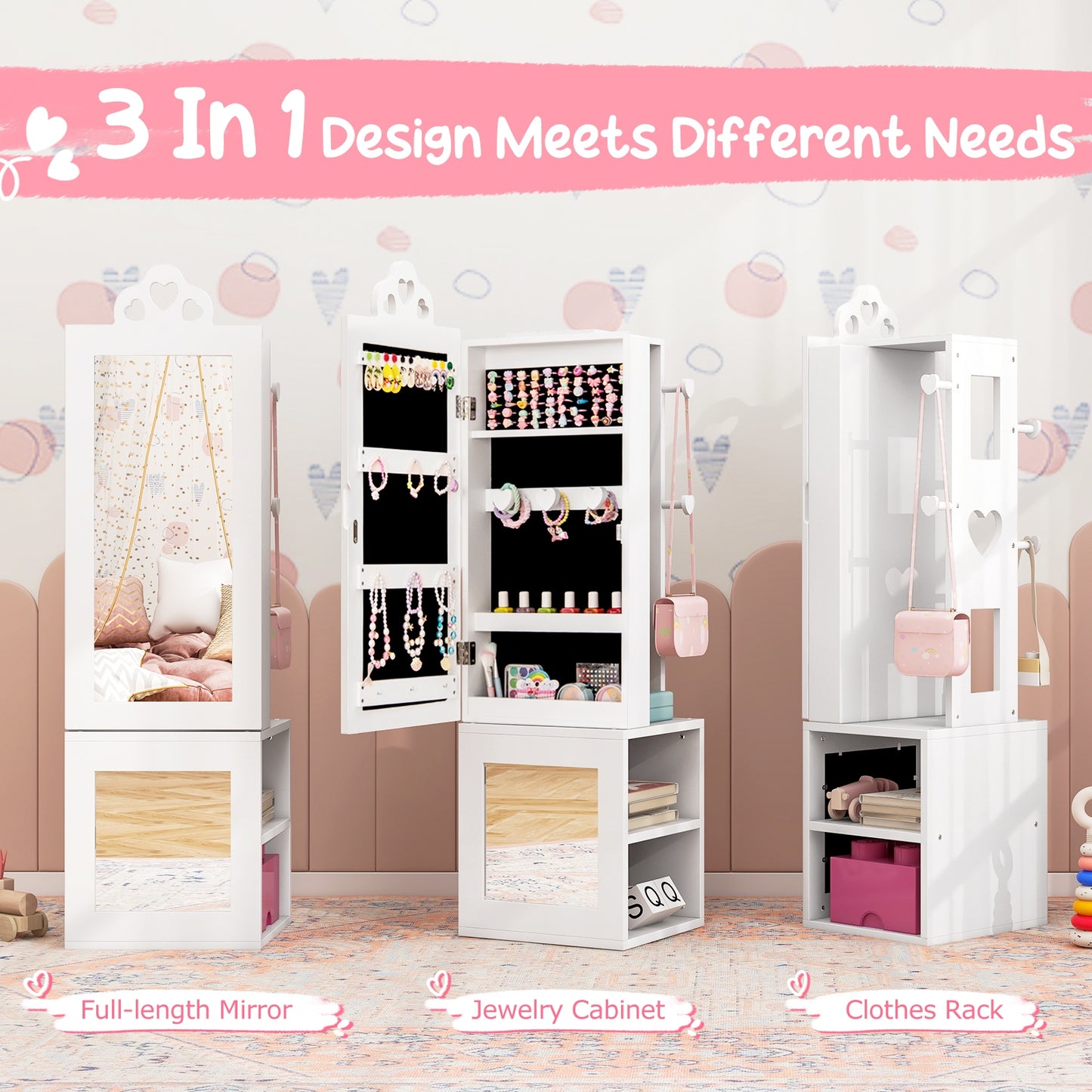 Princess Vanity Table and Stool Set Freestanding Jewelry Cabinet Armoire with Full-Length Mirror, White Kids Vanities at Gallery Canada