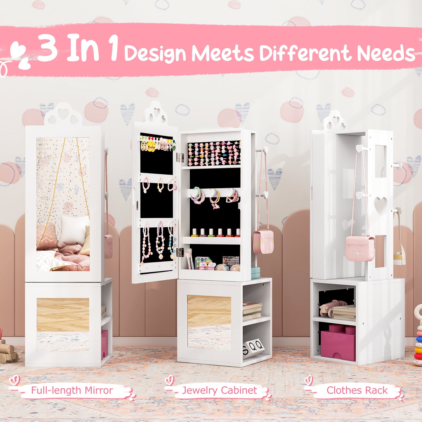 Princess Vanity Table and Stool Set Freestanding Jewelry Cabinet Armoire with Full-Length Mirror, White Kids Vanities at Gallery Canada