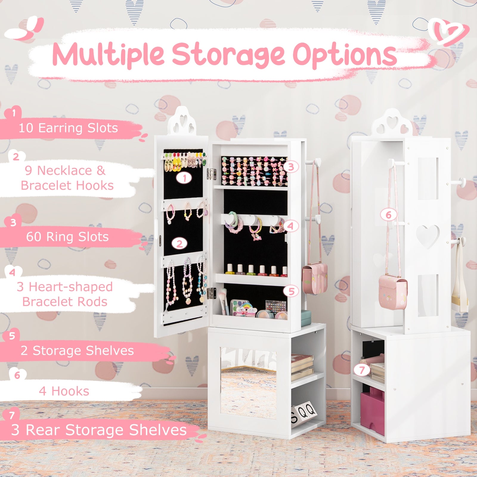 Princess Vanity Table and Stool Set Freestanding Jewelry Cabinet Armoire with Full-Length Mirror, White Kids Vanities at Gallery Canada