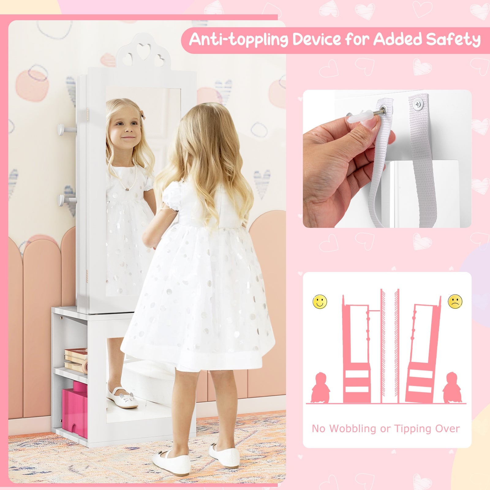 Princess Vanity Table and Stool Set Freestanding Jewelry Cabinet Armoire with Full-Length Mirror, White Kids Vanities at Gallery Canada