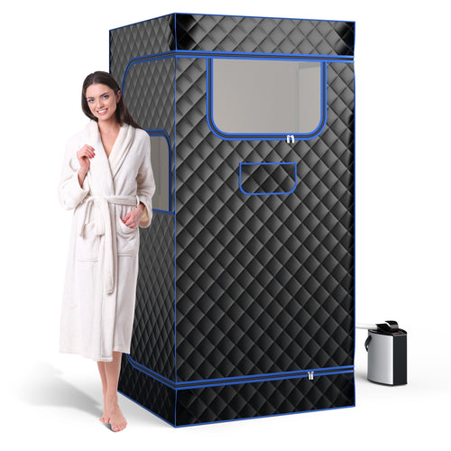 Portable Steam Sauna, 3L Steam Generator, Remote Control, Wood Foot Massager, Foldable Chair, Black